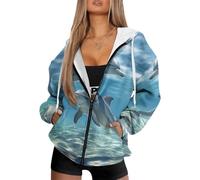 HUGS IDEA Blue Dolphin Print Women's Graphic Full Zip Up Hoodies Drawstring Long Sleeve Pocket Sweatshirt Jackets