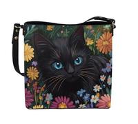 HUGS IDEA Boho Bags for Women Leather Handbag Shoulder Bucket Crossbody Purse, Black Cat Colorful Flowers, L