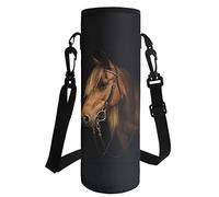 HUGS IDEA Brown Horse Print Portable Bottle Cover Carrier Bag for School Picnic, Neoprene Bottle Sleeve Case