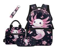 HUGS IDEA Butterfly Axolotl Girls Backpack with Lunch Box and Water Bottle 4 Piece Side Water Bottle Pockets School Bag Pencil Case Keychain for Elementary Ages 6-8