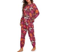 HUGS IDEA Butterfly Fall Leaf Pj Sets for Woman 2 Piece Lounge Set with Pants Casual Ladies Loungewear Set Autumn Long Sleeve Pajama Sets Trendy Nightwear
