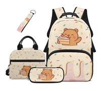 HUGS IDEA Cake Bear Teen Girls Backpack with Lunch Box 4 Pcs Large Capacity Multiple Pockets School Book Bag Pencil Case Keychain for High School Travel