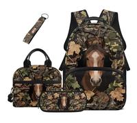 HUGS IDEA Camo Horse Backpack and Lunchbox for Boys 4 Piece Easy Clean 17 Inch School Book Bag Pencil Case Keychain for Elementary Ages 6-8 Camping Trips