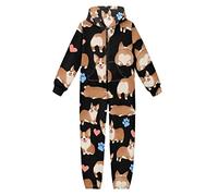 HUGS IDEA Cartoon Corgi Print Kids Onesies Pajama Loungewear Zip Up Hoodie Jumpsuit with Pockets for Boys Girls Age 11-14 Years