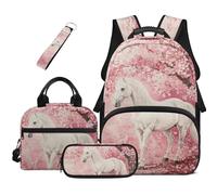 HUGS IDEA Cherry Horse Backpack for Teen Girls Elementary School Bookbag with Lunch Box Large Capacity Book Bag Set for 3Th Grade 4 in 1 School Bag for Girls 8-10 Kids Travel Rucksack