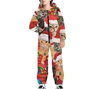 HUGS IDEA Christmas Funny Black Cat Onesies Hoodies Tracksuit for Kids Boys Girls Age 15-16 Years Casual Zip Up Hooded Jumpsuit with Pocket
