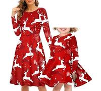 HUGS IDEA Christmas Party Dress Novelty Long Sleeve Dress Mom and Me Matching Dress - Christmas Cute Reindeer Print A-Line Skater Dress, Mother and Daughter Family Dress