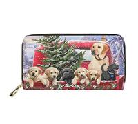 HUGS IDEA Christmas Red Truck with Puppies Card Holder Clutch Handbag Womens Leather Slim Wallet Ladies Purse