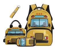HUGS IDEA Classic Bus Backpack for Boys with Lunch Box 4 Piece Easy Clean Padded Shoulder Straps Toddler Bookbag Pencil Case Keychain for Ages 4-6 Preschool Use