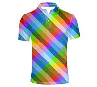 HUGS IDEA Classic Men's Polos Shirt Rainbow Color Checked T-Shirt Collars 3 Button Sport Short Sleeve