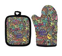 HUGS IDEA Colorful Bohemia Art Abstract Cartoon Design Oven Gloves Double Heat Resistant, Oven Mitts, A Pair Kitchen Gloves, Home Baking, BBQ, As a Gift