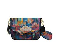 HUGS IDEA Colorful Lotus Women's Shoulder Purse Stripes Trendy Crossbody Handbag Leather Crossbody Bag with Wide Strap Fashion Handbag for Lady Work Travel