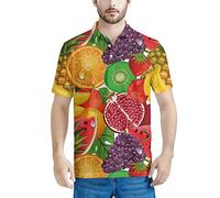 HUGS IDEA Colorful Tropical Fruit Men's Polyester Pique Soft Cozy Polo T Shirst, Spring & Summer Breathable Fit Slim Jersey, Short Sleeve Classic Modern Poloshirt