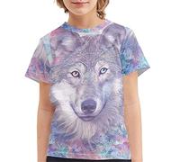 HUGS IDEA Comfortable T-Shirt with Pink Purple Crystal Wolf, Kids Casual Breathable Tee Shirts Spring Summer Streetwear Tees Age 11-12