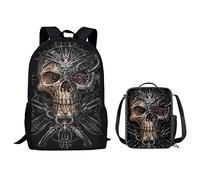 HUGS IDEA Cool Gothis Skull Kids 17 inches Large Shoulder Backpack with Padded Strap Elementary Preschool Kids Boys Girls Bookbag+ Insulated Thermal Lunch Bag