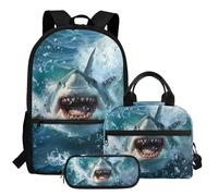 HUGS IDEA Cool Shark Boys Backpack for School Cool School Bag with Lunch Box for Kids 3 Pcs School Backpack Set for Elementary Kids 17 Inch Book Bag Set for Kids Study Casual Daypack