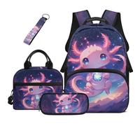 HUGS IDEA Cosmic Axolotl Backpack Set for Girls 4 in 1 17 Inch Padded Shoulder Straps Bookbag Pencil Case Keychain for Kids Ages 6-8 Weekend Outings
