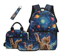 HUGS IDEA Cosmic Cat Backpack Lunchbox Set for Girls 4 Piece Cute Soft School Bag Pencil Case Keychain for Little Ages 4-6 Kindergarten Everyday Use
