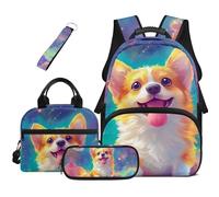 HUGS IDEA Cosmic Corgi Bookbag for Girls 6-8 17 Inch Elementary School Backpack for Kids 4-in-1 Backpacks Set Includes Insulated Lunch Bag, Stationery Organizer & Key Ring
