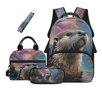 HUGS IDEA Cosmic Otter Kids Backpack Set for Boys Cool Backpacks for Boys with Lunch Box Lightweight Book Bags with Keychain School Bookbag for Kids 6-8 Children Back to School Gifts