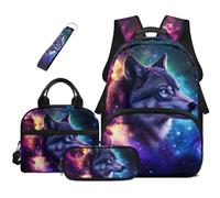 HUGS IDEA Cosmic Wolf Kids Backpack Set with Lunchbox for Boys Cool Seal Bookbag for Boys 6-8 Lightweight School Bag for Elementary Students 17 Inch Schoolbag Casual Kids Travel Rucksack
