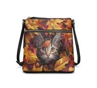 HUGS IDEA Crossbody Bag for Women Leather Handbag Sling Bag Large Hobo Bag Cell Phone Bag, Autumn Kitten Maple Leaf, L