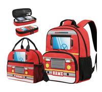 HUGS IDEA Customized Boys Bookbag Bundle 3 Piece Fire Truck Backpack with Meal Bag and Pencil Pouch 13.5 Inch Heavy Duty Bag for Kids Age 3-7 Early Elementary School