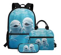 HUGS IDEA Cute Dolphins Backpack and Lunch Bag Set for Girls School Bookbag for Elementary Kids 3 Pcs School Bag Set for Girls 8-10 Lightweight School Book Bag with Lunchbox