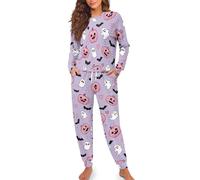 HUGS IDEA Cute Ghost Lounge Sets for Women Pumpkin 2 Piece Long Sleeve Pajamas Halloween Loungewear Set Cozy Sleepwear with Drawstring Waist Pants Gothic Outfits
