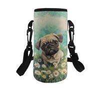HUGS IDEA Daisy Pug Water Bottle Carrier for Girls Adjustable Shoulder Strap Water Bottle Holder Polyester Bottles Storage Organizer for Hiking Walking