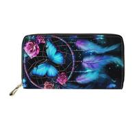 HUGS IDEA Dream Catcherlue Butterfly Womens Wallet Elegant Long Slim Card Holder Fashion Coin Purse Zip Clutch Wallets for Ladies Portable Slim Clutch Purse