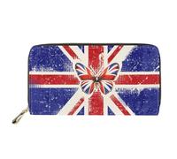 HUGS IDEA England Flag Leather Wallet for Women Butterfly Long Clutch Purse for Lady Large Capacity Credit Card Holder Wallet Dual Zipper Phone Purse