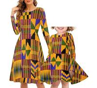 HUGS IDEA Ethnic Tribal Geometric Mother and Daughter Matching Dresses - Casual Long Sleeve High Waisted Skater Midi Dress - Mom and Me Family Dress for Party Travel