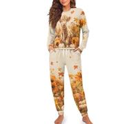 HUGS IDEA Fall Cow Pj Sets for Woman Pumpkin Womens Loungewear Set Cozy Long Sleeve Sleepwear 2 Piece Lounge Set with Pants Autumn Pajama Sets Trendy Nightwear