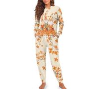HUGS IDEA Fall Dwarf Pajamas for Women Set Maple Leaf 2 Piece Fall Lounge Sets Casual Womens Nightwear Stylish Autumn Thanksgiving Party Long Sleeve Sleepwear