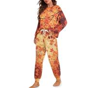 HUGS IDEA Fall Leaf Womens 2 Piece Lounge Set Long Sleeve Sleepwear Autumn Pajama Sets for Women Trendy Loungewear with Pockets Comfortable Nightwear