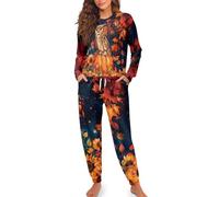 HUGS IDEA Fall Owl Womens Pajama Sets Pumpkin Ladies Pjs Sets Sleepwear Tops with Pants 2 Piece Outfits Soft Lounge Set for Women Long Sleeve Nightwear