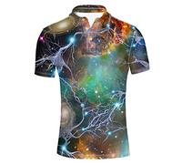 HUGS IDEA Fashion Menn's Jersey Sport T-Shirt Button Up Shirt Galaxy Summer Short Sleeve