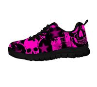 HUGS IDEA Fashion Punk Skull Theme Magenta Gym Training Sneaker, Purple Pink Death Bone Cool Style Lace Up Low Top Breathable Mesh Sport Shoes