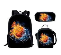 HUGS IDEA Fire Basketball Backpack Set for Boys Kids 3Pcs School Bag with Lunch Bag Pencil Case for Elementary School Travel Daypack 3 in 1