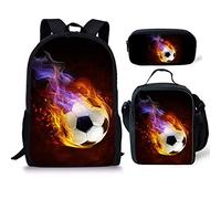 HUGS IDEA Fire Football Backpack Set 3 Piece Kids Boys School Bag + Lunch Box + Pen Pencil Case