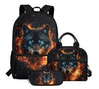 HUGS IDEA Flame Wolf Backpack Set for Boys Cool Wolf Kids Backpack for Boys 8-12 Kids School Bookbag with Lunch Box Large Capacity School Bag Set for Elementary Students Kids 3 in 1 Set
