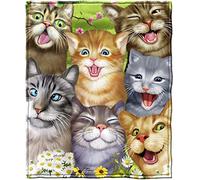 HUGS IDEA Flannel Blanket with Cute Cat Print for All Seasons, Soft Shaggy Cozy Blankets Throws Orange Cats Flower Daisy Funny Blanket for Cat Lovers Adult Chidren-M
