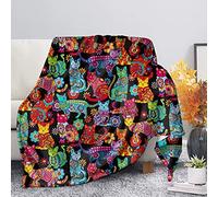 HUGS IDEA Floral Cat Pattern Blanket Bohemian Ethnic Tribal Flower Cartoon Cat, Novelty Design Throws Blanket Dormlife Winter Autumn Soft Snug Fluffy Blankets-L