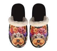 HUGS IDEA Floral Yorkshire Terrier Puppy Womens Warm Slippers Memory Foam Soft Slippers Winter Indoor Outdoor House Shoes with Anti-Skid Rubber Sole