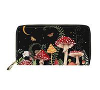 HUGS IDEA Forest Mushroom Moon Night Leather Slim Wallet for Women, Durable Zipper Card Holder Clutch Purse