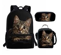 HUGS IDEA Funny Cat Print 3Set School Backpack for Girls Boys Kids Preschool Backpacks Kindergarten Bookbag with Lunch Box Pencil Case 3 in 1