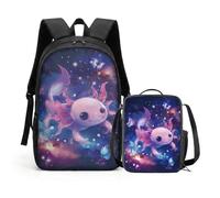 HUGS IDEA Galaxy Axolotl School Bag Rucksack for Girls 2 Piece Set with Insulated Lunch Bag Lightweight Durable Primary Years Ages 4-11 Back to School