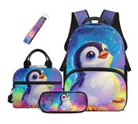 HUGS IDEA Galaxy Penguin School Bag for Kids Cute Bookbag with Lunch Bag Pencil Pouch and Key Chain 4 in 1 Book Bag Large Capacity Schoolbag for Elementary Kids Travel Daypack