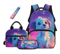 HUGS IDEA Galaxy Puppy Kids Backpack for Boys with Lunch Box Cherry Blossom School Bags with Key Chain Cool Backpacks for School Boys 3th Grade 4Pcs Children Bookbag for Camping Hiking